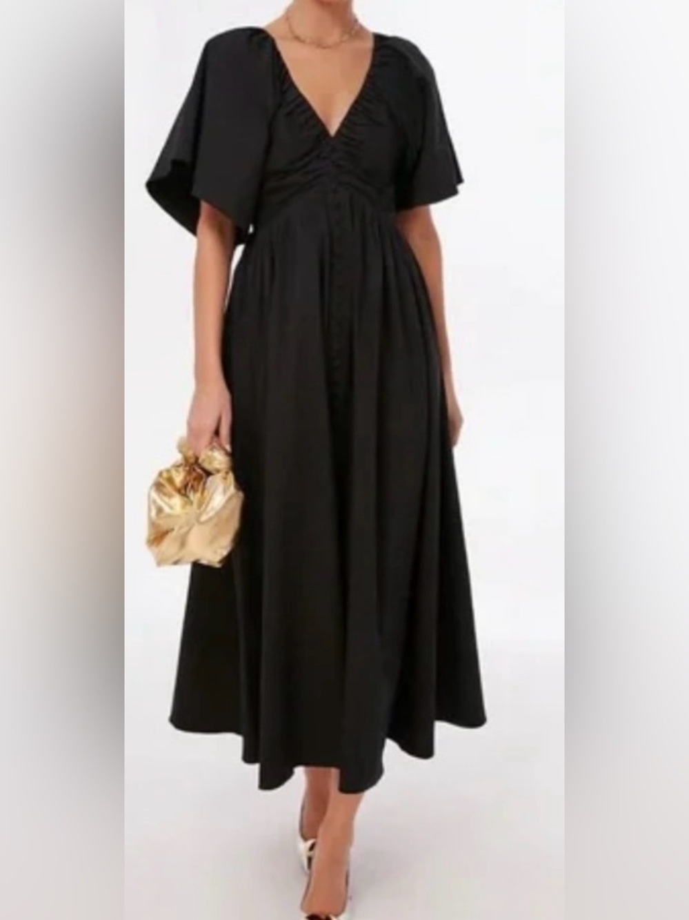 Pomander Place Black Cotton Flutter Sleeve V-Neck Dress - Size XXL